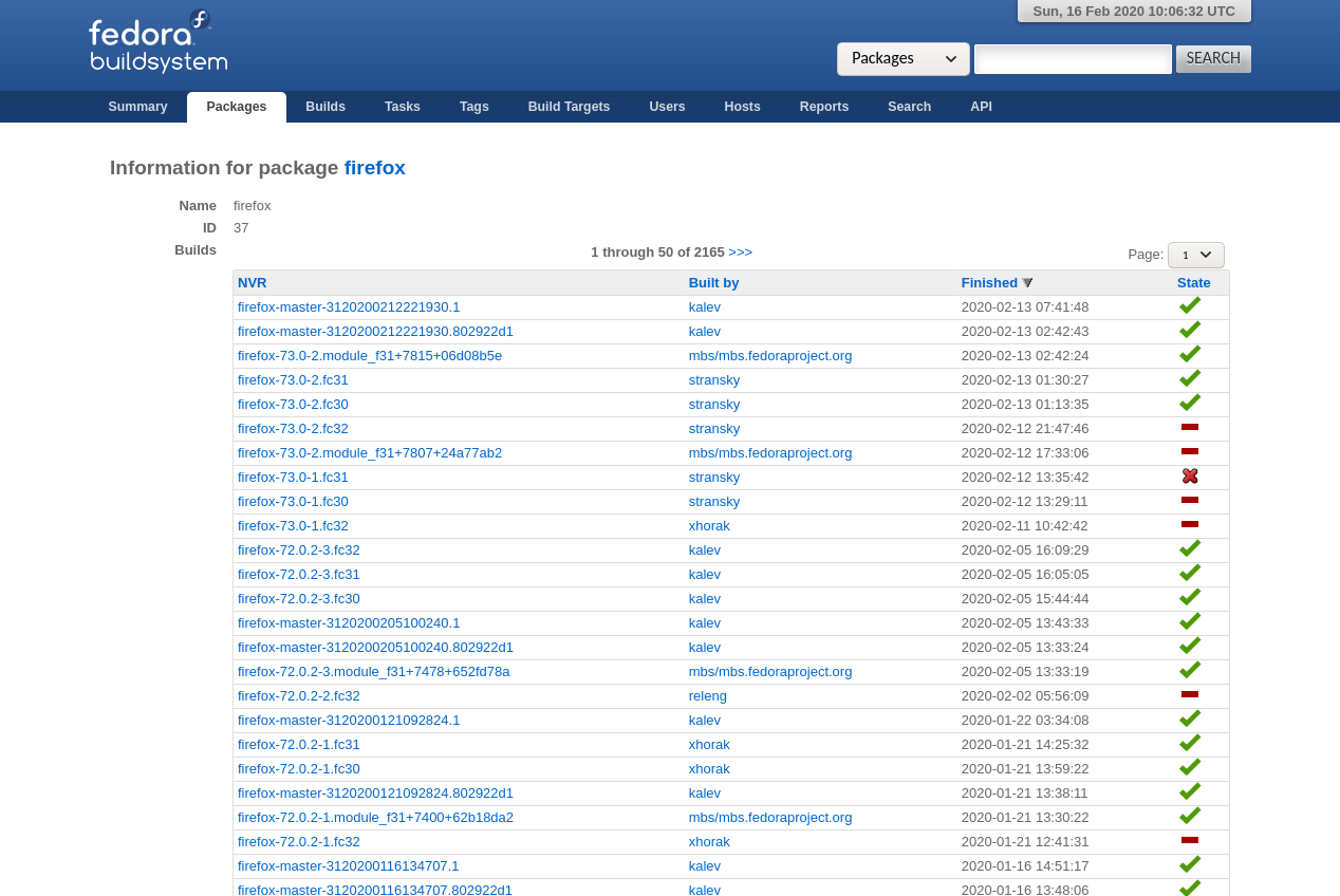 Eine Liste mit Updates von Fedora zu Firefox in verschiedenen Stadien und Versionen. Wer die Seite mit einem Screenreader aufsucht, kann am Namen der Updates genau erkennen um welche Version es sich handelt.