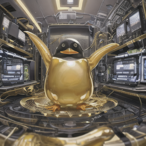 ein goldener Pinguin in einem technisch angehauchten Raum mit Glasboden und Monitoren reißt die Flügel hoch vor Freude.